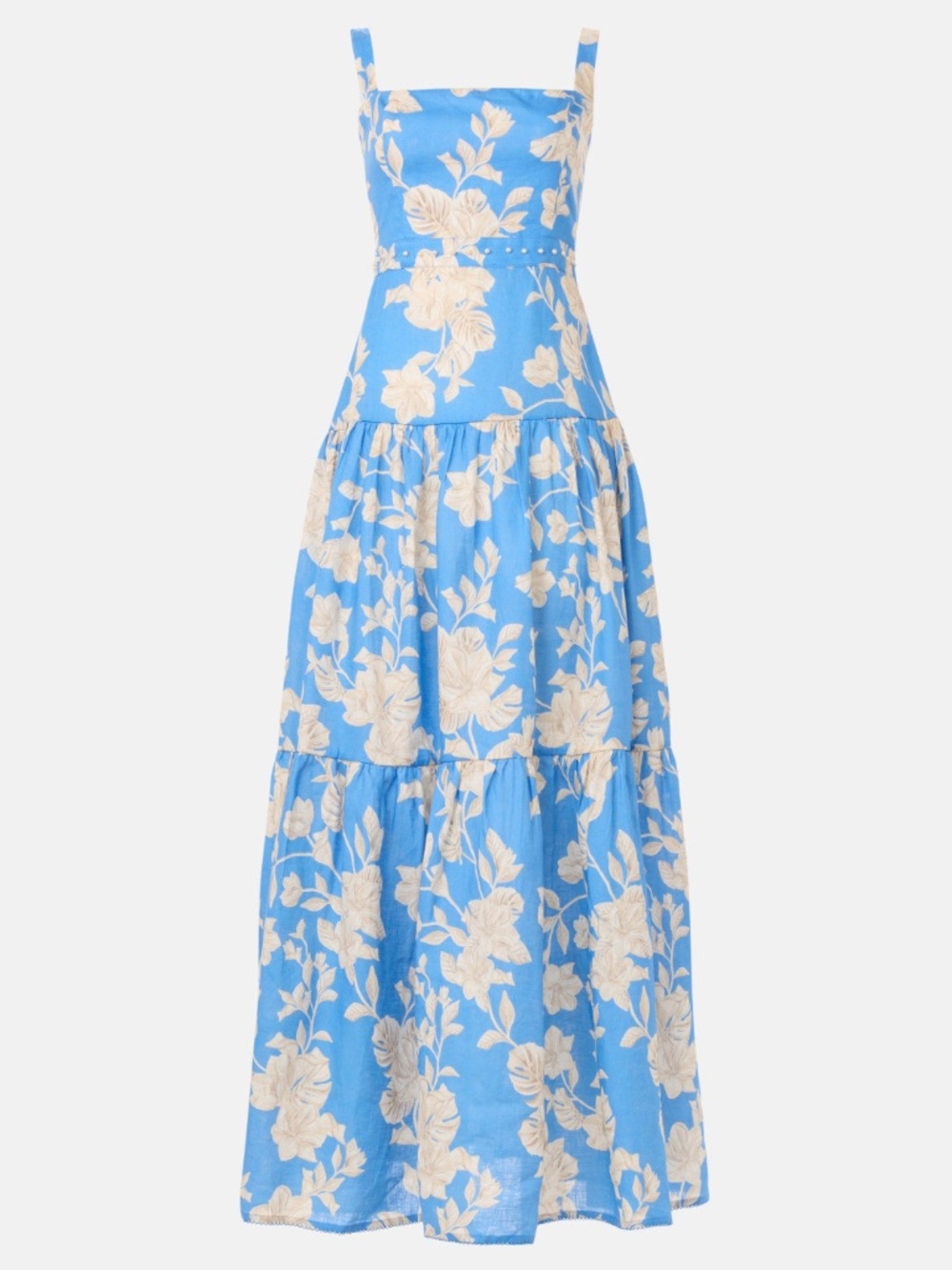 Agua by Agua Bendita Lima Maxi Dress Blue Floral Pearl Linen Tiered - XL X-LARGE